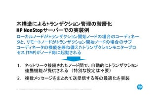 © Copyright 2014 Hewlett-Packard Development Company, L.P. The information contained herein is subject to change without notice.43
木構造によるトランザクション管理の階層化
HP NonStopサーバーでの実装例
1. ネットワーク接続されたノード間で、自動的にトランザクション
連携機能が提供される （特別な設定は不要）
2. 複数メッセージをまとめて送受信する等の最適化を実装
ローカルノードがトランザクション開始ノードの場合のコーディネー
タと、リモートノードがトランザクション開始ノードの場合のサブ
コーディネータの機能を兼ね備えたトランザクションモニタープロ
セス (TMP)がノード毎に起動される
 