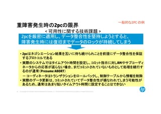© Copyright 2014 Hewlett-Packard Development Company, L.P. The information contained herein is subject to change without notice.44
重障害発生時の2pcの限界
2pcを厳密に適用し、データ整合性を堅持しようとすると、
障害発生時には復旧までデータのロックが持続してしまう
< 可用性に関する技術課題 >
• 2pcはネゴシエーション結果を互いに待ち続けられことを前提にデータ整合性を保証
するプロトコルである
• 実際のシステムではタイムアウト時間を設定し、コミット指示に対しRMやサブコーディ
ネータからの応答が返らない場合、まだコミットされていないものとして処理を続行す
るのが通常（Presume ABORT）
－ コーディネータはトランザクションをロールバックし、制御テーブルから情報を削除
• 実際のデータ更新は、コミットされていてデータ整合性が損なわれてしまう可能性が
あるため、通常はあまり短いタイムアウト時間に設定することはできない
一般的な2PC の例
 