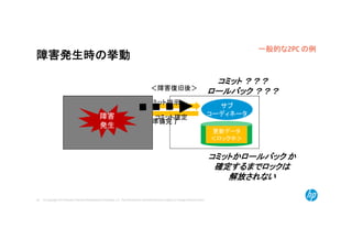 © Copyright 2014 Hewlett-Packard Development Company, L.P. The information contained herein is subject to change without notice.45
障害発生時の挙動
コーディ
ネータ
コミット指示 サブ
コーディネータ
準備完了
更新データ
＜ロック中＞
障害
発生
＜障害復旧後＞
コミット確定
コミット ？？？
ロールバック ？？？
コミットかロールバック か
確定するまでロックは
解放されない
一般的な2PC の例
 