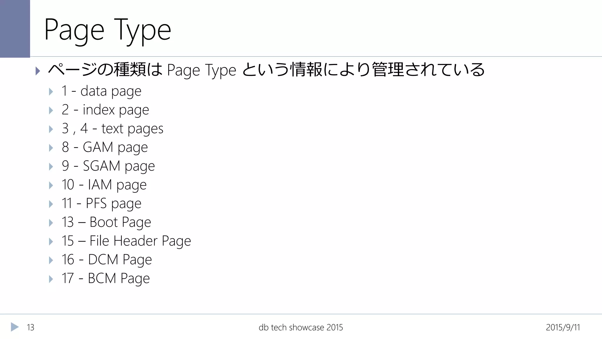 Page Type
2015/9/11db tech showcase 201513
 ページの種類は Page Type という情報により管理されている
 1 - data page
 2 - index page
 3 , 4 - text pages
 8 - GAM page
 9 - SGAM page
 10 - IAM page
 11 - PFS page
 13 – Boot Page
 15 – File Header Page
 16 - DCM Page
 17 - BCM Page
 