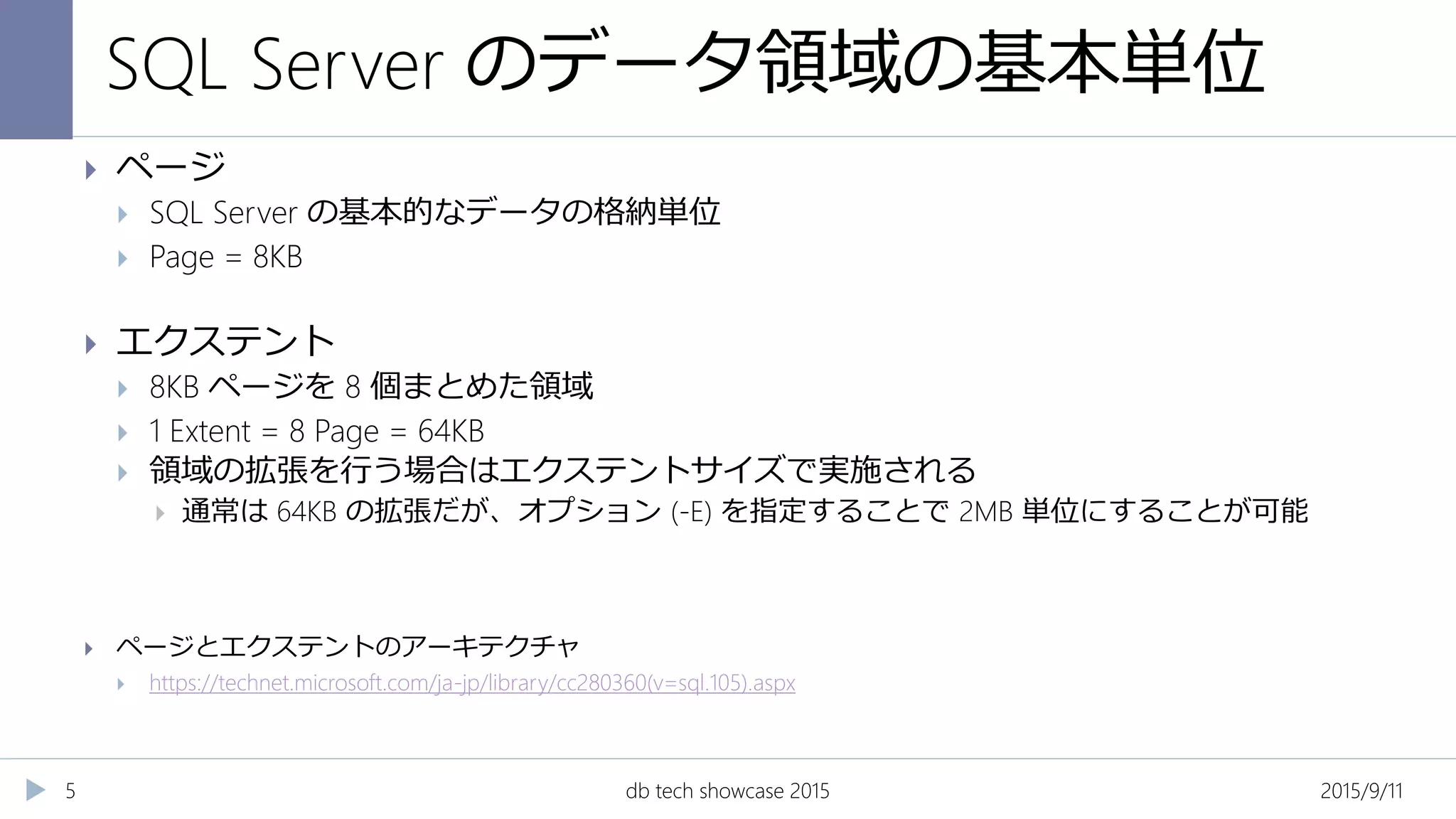 SQL Server のデータ領域の基本単位
2015/9/11db tech showcase 20155
 ページ
 SQL Server の基本的なデータの格納単位
 Page = 8KB
 エクステント
 8KB ページを 8 個まとめた領域
 1 Extent = 8 Page = 64KB
 領域の拡張を行う場合はエクステントサイズで実施される
 通常は 64KB の拡張だが、オプション (-E) を指定することで 2MB 単位にすることが可能
 ページとエクステントのアーキテクチャ
 https://technet.microsoft.com/ja-jp/library/cc280360(v=sql.105).aspx
 