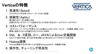 © Copyright 2014 Hewlett-Packard Development Company, L.P. The information contained herein is subject to change without notice. 
6 
Verticaの特徴 
1.高速性（Speed) リアルタイムでの分析（クエリー、ロードともに高速） 
2.俊敏性（Agility) 増え続けるデータに柔軟に対応 必要なタイミングでサーバーを追加することで対応できるスケールアウトアーキテクチャ 
3.コストパフォーマンス コモディティーハードウェアを使うことによる優れたコストパフォーマンス/ DR環境、開発、テスト 環境に追加ライセンスの掛からないライセンス体系 
4.SQL＆R言語、C++、JAVAによるUser定義関数 SQLにて分析が可能、またUDF作成可能により多くのエンジニアがすぐに分析可能 
5.Hadoop連携 Verticaが提供するコネクターにより容易なHadoopとのデータ連携が可能 
6.操作性、チューニング簡易性  