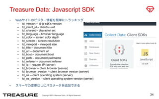 Treasure Data: Javascript SDK 
• Webサイトのビジター情報を簡単にトラッキング 
– td_version – td-js-sdk’s version 
– td_client_id – client’s uu...