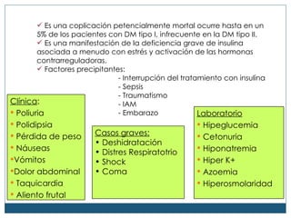 Es una coplicaci ón petencialmente mortal ocurre hasta en un 5% de los pacientes con DM tipo I, infrecuente en la DM tipo II. Es una manifestación de la deficiencia grave de insulina asociada a menudo con estrés y activación de las hormonas contrarreguladoras. Factores precipitantes: - Interrupción del tratamiento con insulina - Sepsis - Traumatismo - IAM - Embarazo Cl ínica : Poliuria Polidipsia P érdida de peso Náuseas  Vómitos Dolor abdominal Taquicardia Aliento frutal Casos graves: Deshidrataci ón Distres Respiratotrio Shock Coma Laboratorio Hipeglucemia Cetonuria Hiponatremia Hiper K+ Azoemia Hiperosmolaridad 