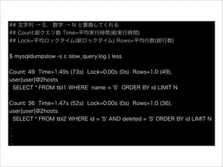 ## 文字列 → S、 数字 → N と置換してくれる
## Count:総クエリ数 Time=平均実行時間(総実行時間)
## Lock=平均ロックタイム(総ロックタイム) Rows=平均行数(総行数)


$ mysqldumpslow -s c slow_query.log ¦ less


Count: 49 Time=1.49s (73s) Lock=0.00s (0s) Rows=1.0 (49),
user[user]@2hosts
 SELECT * FROM tbl1 WHERE name = 'S' ORDER BY id LIMIT N


Count: 36 Time=1.47s (52s) Lock=0.00s (0s) Rows=1.0 (36),
user[user]@2hosts
   SELECT * FROM tbl2 WHERE id = 'S' AND deleted = 'S' ORDER BY id LIMIT N
 .
 .
 .
 
