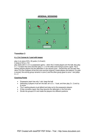 ARSENAL SESSIONS
Transition 3
4 v. 2 in 2 zones to 1 goal with keeper
play in an area of 20 x 30 yards ( 2 of each)
2 areas of 20 w x 15 l
play starts with 4 v 2 in a possession game – when the 2 inside players win the ball, they play
2 v. 1 to leave the zone and then play 2 v. 2 in the other zone trying to score a goal. The 2
waiting players players are the defenders in the second zone – should they win the ball, they
return it to the 4 players of the first zone and the original 2 inside players and defend. If a goal
is scored, the scoring group remains in zone 2 and the other group goes to zone 1 and plays
4 v. 2
Coaching Points
• Possession team has only 1 aim: keep the ball
• Defending 2 players must win the ball, win a 2 v. 1 duel, and then play 2 v. 2 and try
to score
• The 2 waiting players must defend and play out to the possession players
• If they concede a goal, then they become the defenders in the first zone
• Divide into groups of 4 and rotate the players into different positions
PDF Created with deskPDF PDF Writer - Trial :: http://www.docudesk.com
 