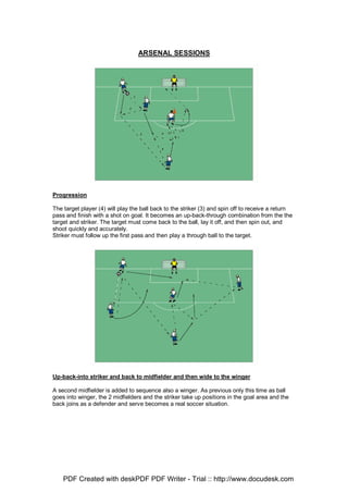 ARSENAL SESSIONS
Progression
The target player (4) will play the ball back to the striker (3) and spin off to receive a return
pass and finish with a shot on goal. It becomes an up-back-through combination from the the
target and striker. The target must come back to the ball, lay it off, and then spin out, and
shoot quickly and accurately.
Striker must follow up the first pass and then play a through ball to the target.
Up-back-into striker and back to midfielder and then wide to the winger
A second midfielder is added to sequence also a winger. As previous only this time as ball
goes into winger, the 2 midfielders and the striker take up positions in the goal area and the
back joins as a defender and serve becomes a real soccer situation.
PDF Created with deskPDF PDF Writer - Trial :: http://www.docudesk.com
 