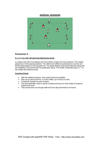 ARSENAL SESSIONS
Possession 4
6 v. 3 + 1 in a 25 x 20 yard area playing two touch
in a larger area with more players and more options of play and more pressure. The outside
players are in their playing positions. The wRmd and wRdef are positioned on one line and
the left sided players on the opposite line. The target attacker and central defender along with
the midfielder in the centre form the possession group. The middle 3 defenders play 3 v. 1 in
the middle with limited touches
Coaching Points
• With the additional players, more options become available
• Play can go along one line, in to the middle, up to the top or back
• Constantly change the point of attack
• The three defenders want to remain compact and focus on their shape of pressure,
support and cover
• They should deny any through balls and force play that leads to turnovers
PDF Created with deskPDF PDF Writer - Trial :: http://www.docudesk.com
 