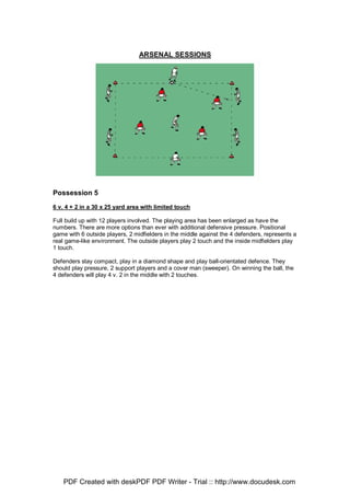 ARSENAL SESSIONS
Possession 5
6 v. 4 + 2 in a 30 x 25 yard area with limited touch
Full build up with 12 players involved. The playing area has been enlarged as have the
numbers. There are more options than ever with additional defensive pressure. Positional
game with 6 outside players, 2 midfielders in the middle against the 4 defenders, represents a
real game-like environment. The outside players play 2 touch and the inside midfielders play
1 touch.
Defenders stay compact, play in a diamond shape and play ball-orientated defence. They
should play pressure, 2 support players and a cover man (sweeper). On winning the ball, the
4 defenders will play 4 v. 2 in the middle with 2 touches.
PDF Created with deskPDF PDF Writer - Trial :: http://www.docudesk.com
 