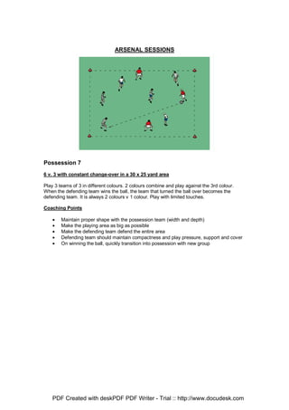 ARSENAL SESSIONS
Possession 7
6 v. 3 with constant change-over in a 30 x 25 yard area
Play 3 teams of 3 in different colours. 2 colours combine and play against the 3rd colour.
When the defending team wins the ball, the team that turned the ball over becomes the
defending team. It is always 2 colours v 1 colour. Play with limited touches.
Coaching Points
• Maintain proper shape with the possession team (width and depth)
• Make the playing area as big as possible
• Make the defending team defend the entire area
• Defending team should maintain compactness and play pressure, support and cover
• On winning the ball, quickly transition into possession with new group
PDF Created with deskPDF PDF Writer - Trial :: http://www.docudesk.com
 