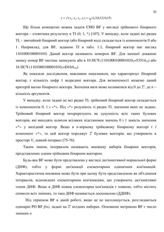 20
)15,14,12,8,3,1(),,,(
1
1234 ∨== xxxxfy
* ; : CHO BF
– %# (0, 1, *) [107]. ,
%#, - ( ) = 0
1. , BF, %# . 1.1, =
1101000100001010. BF. ; 8 :
BF ; 10 +$ (11010001000010102=5351410)
16 +$ (11010001000010102=D10A16).
) : , : , 9 =
, = 1 .
. ! : 0 2n
, n –
.
, %#, =
0, 1 «*». + «*» %#, .
%
, ; 0 1
«*» . ) 9 n- = l
«*», : = 2l
, 9
V [75-76].
% , : ,
.
7 - BF : ' 8 8
( 4), ' 8 ' .
6 : : '=
, ' , 9 '
4. ) 9 4 : ' = ,
, 4 = ( 4).
+ BF , 9 ; = ,
PO BF f(n), 2n
. & BF =
n
 