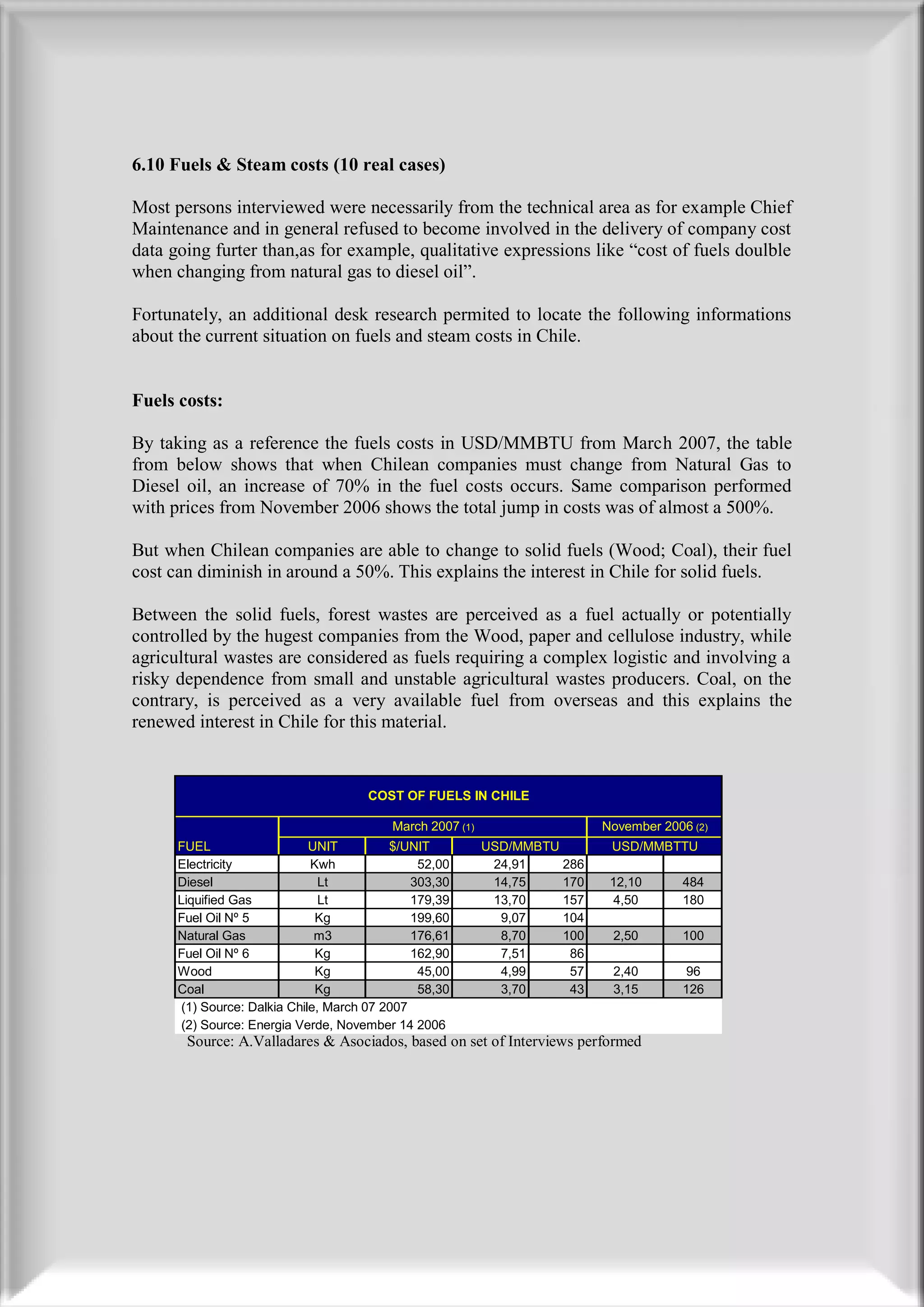 6.10 Fuels & Steam costs (10 real cases)

Most persons interviewed were necessarily from the technical area as for example Chief
Maintenance and in general refused to become involved in the delivery of company cost
data going furter than,as for example, qualitative expressions like “cost of fuels doulble
when changing from natural gas to diesel oil”.

Fortunately, an additional desk research permited to locate the following informations
about the current situation on fuels and steam costs in Chile.


Fuels costs:

By taking as a reference the fuels costs in USD/MMBTU from March 2007, the table
from below shows that when Chilean companies must change from Natural Gas to
Diesel oil, an increase of 70% in the fuel costs occurs. Same comparison performed
with prices from November 2006 shows the total jump in costs was of almost a 500%.

But when Chilean companies are able to change to solid fuels (Wood; Coal), their fuel
cost can diminish in around a 50%. This explains the interest in Chile for solid fuels.

Between the solid fuels, forest wastes are perceived as a fuel actually or potentially
controlled by the hugest companies from the Wood, paper and cellulose industry, while
agricultural wastes are considered as fuels requiring a complex logistic and involving a
risky dependence from small and unstable agricultural wastes producers. Coal, on the
contrary, is perceived as a very available fuel from overseas and this explains the
renewed interest in Chile for this material.


                                      COST OF FUELS IN CHILE

                                           March 2007 (1)                   November 2006 (2)
      FUEL                    UNIT         $/UNIT           USD/MMBTU        USD/MMBTTU
      Electricity             Kwh               52,00        24,91    286
      Diesel                    Lt             303,30        14,75    170    12,10      484
      Liquified Gas             Lt             179,39        13,70    157     4,50      180
      Fuel Oil Nº 5            Kg              199,60         9,07    104
      Natural Gas              m3              176,61         8,70    100    2,50       100
      Fuel Oil Nº 6            Kg              162,90         7,51     86
      Wood                     Kg               45,00         4,99     57    2,40       96
      Coal                     Kg               58,30         3,70     43    3,15       126
       (1) Source: Dalkia Chile, March 07 2007
       (2) Source: Energia Verde, November 14 2006
       Source: A.Valladares & Asociados, based on set of Interviews performed
 