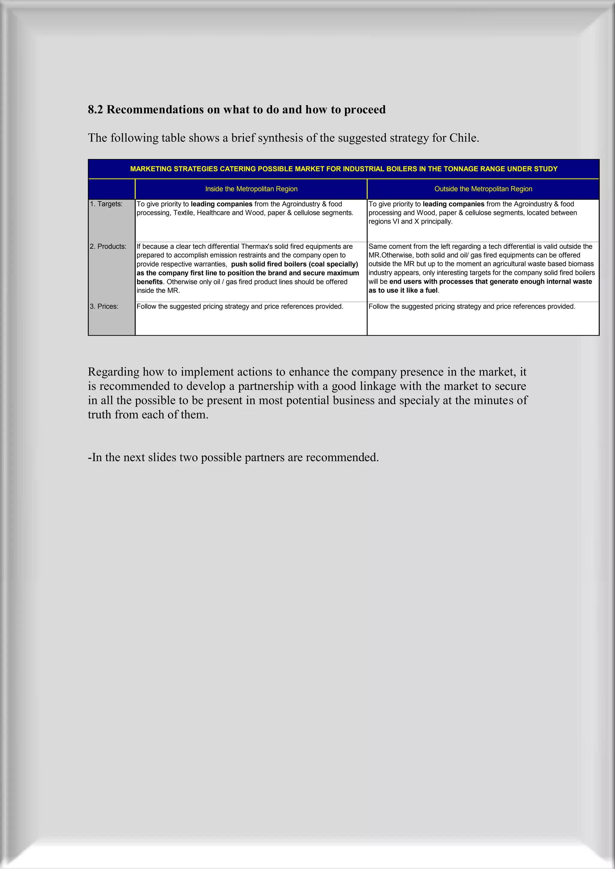 8.2 Recommendations on what to do and how to proceed

The following table shows a brief synthesis of the suggested strategy for Chile.

               MARKETING STRATEGIES CATERING POSSIBLE MARKET FOR INDUSTRIAL BOILERS IN THE TONNAGE RANGE UNDER STUDY

                                      Inside the Metropolitan Region                                              Outside the Metropolitan Region

1. Targets:     To give priority to leading companies from the Agroindustry & food          To give priority to leading companies from the Agroindustry & food
                processing, Textile, Healthcare and Wood, paper & cellulose segments.       processing and Wood, paper & cellulose segments, located between
                                                                                            regions VI and X principally.


2. Products:    If because a clear tech differential Thermax's solid fired equipments are   Same coment from the left regarding a tech differential is valid outside the
                prepared to accomplish emission restraints and the company open to          MR.Otherwise, both solid and oil/ gas fired equipments can be offered
                provide respective warranties, push solid fired boilers (coal specially)    outside the MR but up to the moment an agricultural waste based biomass
                as the company first line to position the brand and secure maximum          industry appears, only interesting targets for the company solid fired boilers
                benefits. Otherwise only oil / gas fired product lines should be offered    will be end users with processes that generate enough internal waste
                inside the MR.                                                              as to use it like a fuel.

3. Prices:      Follow the suggested pricing strategy and price references provided.        Follow the suggested pricing strategy and price references provided.




Regarding how to implement actions to enhance the company presence in the market, it
is recommended to develop a partnership with a good linkage with the market to secure
in all the possible to be present in most potential business and specialy at the minutes of
truth from each of them.


-In the next slides two possible partners are recommended.
 