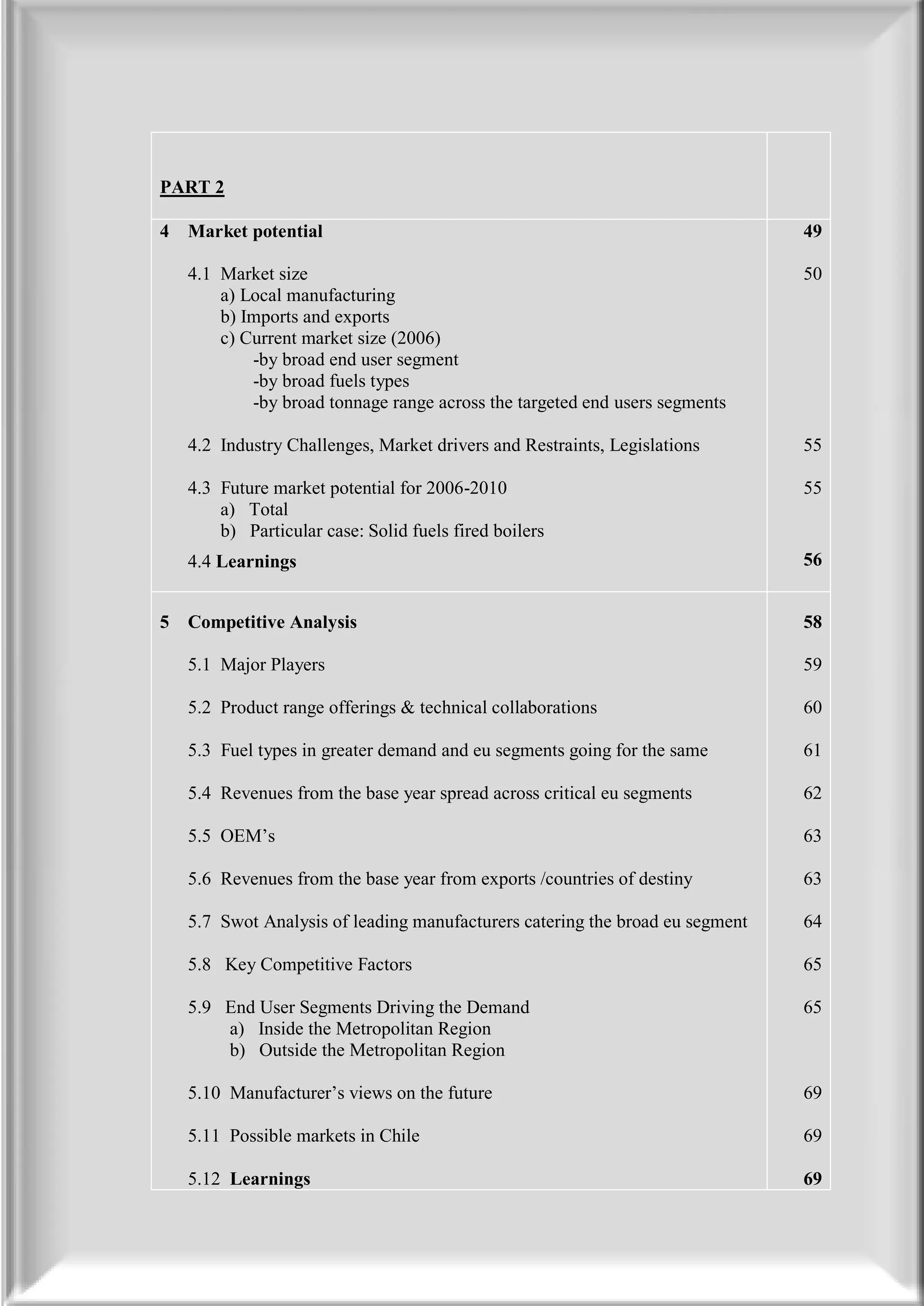 PART 2

4   Market potential                                                           49

    4.1 Market size                                                            50
        a) Local manufacturing
        b) Imports and exports
        c) Current market size (2006)
            -by broad end user segment
            -by broad fuels types
            -by broad tonnage range across the targeted end users segments

    4.2 Industry Challenges, Market drivers and Restraints, Legislations       55

    4.3 Future market potential for 2006-2010                                  55
        a) Total
        b) Particular case: Solid fuels fired boilers
    4.4 Learnings                                                              56


5   Competitive Analysis                                                       58

    5.1 Major Players                                                          59

    5.2 Product range offerings & technical collaborations                     60

    5.3 Fuel types in greater demand and eu segments going for the same        61

    5.4 Revenues from the base year spread across critical eu segments         62

    5.5 OEM’s                                                                  63

    5.6 Revenues from the base year from exports /countries of destiny         63

    5.7 Swot Analysis of leading manufacturers catering the broad eu segment   64

    5.8 Key Competitive Factors                                                65

    5.9 End User Segments Driving the Demand                                   65
        a) Inside the Metropolitan Region
        b) Outside the Metropolitan Region

    5.10 Manufacturer’s views on the future                                    69

    5.11 Possible markets in Chile                                             69

    5.12 Learnings                                                             69
 