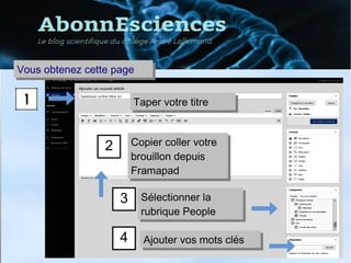 Vous obtenez cette pageVous obtenez cette page
Taper votre titreTaper votre titre
Copier coller votre
brouillon depuis
Framapad
Copier coller votre
brouillon depuis
Framapad
2
Sélectionner la
rubrique People
Sélectionner la
rubrique People
3
4 Ajouter vos mots clésAjouter vos mots clés
 