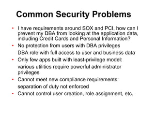 Common Security Problems I have requirements around SOX and PCI, how can I prevent my DBA from looking at the application data, including Credit Cards and Personal Information? No protection from users with DBA privileges DBA role with full access to user and business data Only few apps built with least-privilege model: various utilities require powerful administrator privileges Cannot meet new compliance requirements: separation of duty not enforced Cannot control user creation, role assignment, etc. 
