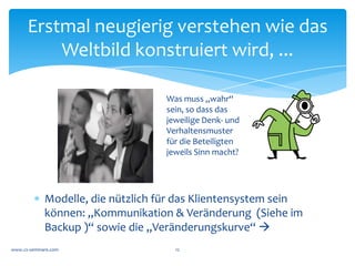 Landkarten für Beratung
Oft ist das Management schon deutlich weiter; sie haben meist früher
               gestartet – so macht das Verhalten Sinn
                   (Erklärungsmodelle	
  für	
  Klienten)

  Wahrgenommene
  eigene Kompetenzen                                             7. Integration
                                                 6. Erkenntnis
                            Management	
  

        2. Ablehnung
                               5. Lernen

                                                           (Zu	
  jeder	
  Phase	
  lässt	
  sich	
  
                                                           als	
  Reﬂexion	
  der	
  
  Team	
               3. rationale
                                                           achstuﬁge	
  Prozess	
  nach	
  
                       Einsicht
                                                           John	
  Kotter	
  checken.)	
  


   1. Schock                     4. emotionale
                                 Akzeptanz

                                                                                            Zeit
 