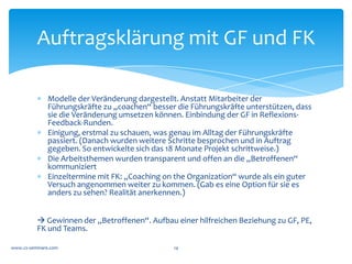 Ziele	
  der	
  Zusammenarbeit	
  

          *  Skalierungsfragen	
  -­‐	
  Führung	
  im	
  Sinne	
  der	
  Ziele	
  
             aktuell	
  bei	
  2	
  auf	
  einer	
  Skala	
  von	
  0	
  (nicht	
  
             vorhanden)	
  –	
  10	
  (optimal)	
  soll	
  sich	
  verbessern	
  
             auf	
  minimal	
  (4-­‐5)	
  auf	
  6	
  Monate	
  
          *  Fokus	
  auf	
  Kunden	
  mit	
  Potential	
  anstatt	
  zu	
  
             sympathischen	
  und	
  einfachen	
  zu	
  gehen	
  
             (Vorhandene	
  Potentialanalyse	
  als	
  Check)	
  
          *  Qualität	
  der	
  Besuchsberichte;	
  der	
  internen	
  
             Meetings	
  (Mehr	
  Konstruktive	
  Beiträge;	
  aktuell	
  
             nur	
  Probleme	
  und	
  Vermeidung)	
  
                                                                                    Veränderungen	
  zeigen	
  sich	
  
          *  Weniger	
  Eskalationsmeetings	
  
          *  Subjektives	
  Feedback	
  über	
  Nützlichkeit	
  der	
               in	
  konkreten	
  Handlungen	
  
             Begleitung	
                                                           (nicht	
  nur	
  im	
  Reden	
  
                                                                               darüber).	
  	
  	
  
www.cs-­‐seminare.com	
                                    14	
  
 