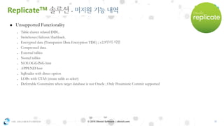 OSC ASIA GROUP LIMITED 32© 2018 Dbvisit Software | dbvisit.com
- Table cluster related DDL.
- Switchover/failover/flashback.
- Encrypted data (Transparent Data Encryption TDE) ; v2.9
- Compressed data.
- External tables
- Nested tables
- NOLOGGING hint
- APPEND hint
- Sqlloader with direct option
- LOBs with CTAS (create table as select)
- Deferrable Constraints when target database is not Oracle ; Only Pessimistic Commit supported
ReplicateTM -
▪ Unsupported Functionality
 