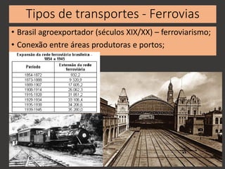 Tipos de transportes - Ferrovias
• Brasil agroexportador (séculos XIX/XX) – ferroviarismo;
• Conexão entre áreas produtoras e portos;
 