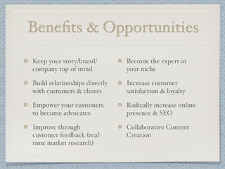 Beneﬁts & Opportunities
Keep your story/brand/
company top of mind
Build relationships directly
with customers & clients
Empower your customers
to become advocates
Improve through
customer feedback (real-
time market research)
Become the expert in
your niche
Increase customer
satisfaction & loyalty
Radically increase online
presence & SEO
Collaborative Content
Creation
 