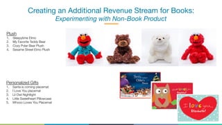 Creating an Additional Revenue Stream for Books:
Experimenting with Non-Book Product
Plush
1.  Sleepytime Elmo 
2.  My Favorite Teddy Bear
3.  Cozy Polar Bear Plush 
4.  Sesame Street Elmo Plush
Personalized Gifts
1.  Santa is coming placemat 
2.  I Love You placemat
3.  Lil Owl Nightlight
4.  Little Sweetheart Pillowcase
5.  Whooo Loves You Placemat
 