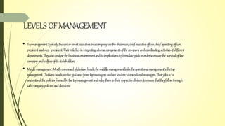 LEVELSOFMANAGEMENT
• Topmanagement:Typically,thesenior-mostexecutivesinaccompanyarethechairman,chiefexecutiveofficer,chiefoperatingofficer,
presidentandvice- president.Theirroleliesinintegratingdiversecomponentsofthecompanyandcoordinatingactivitiesofdifferent
departments.Theyalsoanalysethebusinessenvironmentanditsimplicationstoformulategoalsinordertoensurethesurvivalofthe
companyandwelfareofitsstakeholders.
• Middlemanagement:Mostlycomposedofdivisionheads,themiddlemanagementlinkstheoperationalmanagementtothetop
management.Divisionsheadsreceiveguidancefromtopmanagersandareleaderstooperationalmanagers.Theirjobsisto
understandthepoliciesframedbythetopmanagementandrelaythemtotheirrespectivedivisiontoensurethattheyfollowthrough
withcompanypolicies anddecisions
 