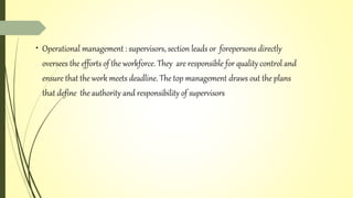 • Operational management : supervisors, section leads or forepersons directly
oversees the efforts of the workforce. They are responsible for quality control and
ensure that the work meets deadline. The top management draws out the plans
that define the authority and responsibility of supervisors
 