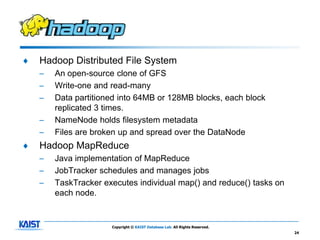 ♦   Hadoop Distributed File System
    –   An open-source clone of GFS
    –   Write-one and read-many
    –   Data partitioned into 64MB or 128MB blocks, each block
        replicated 3 times.
    –   NameNode holds filesystem metadata
    –   Files are broken up and spread over the DataNode
♦   Hadoop MapReduce
    –   Java implementation of MapReduce
    –   JobTracker schedules and manages jobs
    –   TaskTracker executes individual map() and reduce() tasks on
        each node.


                      Copyright © KAIST Database Lab. All Rights Reserved.
                                                                             24
 