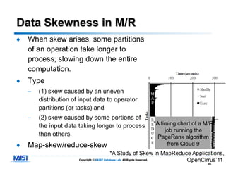 Data Skewness in M/R
♦   When skew arises, some partitions
    of an operation take longer to
    process, slowing down the entire
    computation.
♦   Type
    –   (1) skew caused by an uneven
        distribution of input data to operator
        partitions (or tasks) and
    –   (2) skew caused by some portions of
        the input data taking longer to process         *A timing chart of a M/R
                                                             job running the
        than others.                                      PageRank algorithm
♦   Map-skew/reduce-skew                                      from Cloud 9
                                             *A Study of Skew in MapReduce Applications,
                       Copyright © KAIST Database Lab. All Rights Reserved. OpenCirrus’11
                                                                                 36
 