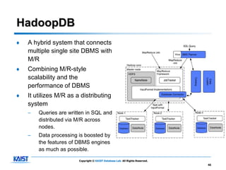 HadoopDB
♦   A hybrid system that connects
    multiple single site DBMS with
    M/R
♦   Combining M/R-style
    scalability and the
    performance of DBMS
♦   It utilizes M/R as a distributing
    system
    –   Queries are written in SQL and
        distributed via M/R across
        nodes.
    –   Data processing is boosted by
        the features of DBMS engines
        as much as possible.

                        Copyright © KAIST Database Lab. All Rights Reserved.
                                                                               40
 