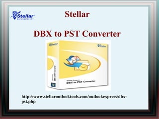 Stellar

      DBX to PST Converter




http://www.stellaroutlooktools.com/outlookexpress/dbx-
pst.php
 