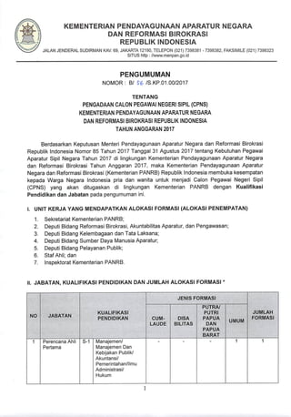 Pengumuman Seleksi CPNS Kementerian Pendayagunaan Aparatur Negara dan Reformasi Birokrasi (KemenpanRB) TA. 2017