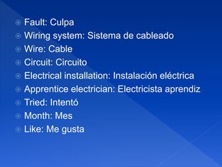  Fault: Culpa
 Wiring system: Sistema de cableado
 Wire: Cable
 Circuit: Circuito
 Electrical installation: Instalación eléctrica
 Apprentice electrician: Electricista aprendiz
 Tried: Intentó
 Month: Mes
 Like: Me gusta
 