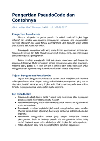 Pengertian pseudo code dan contohnya | PDF