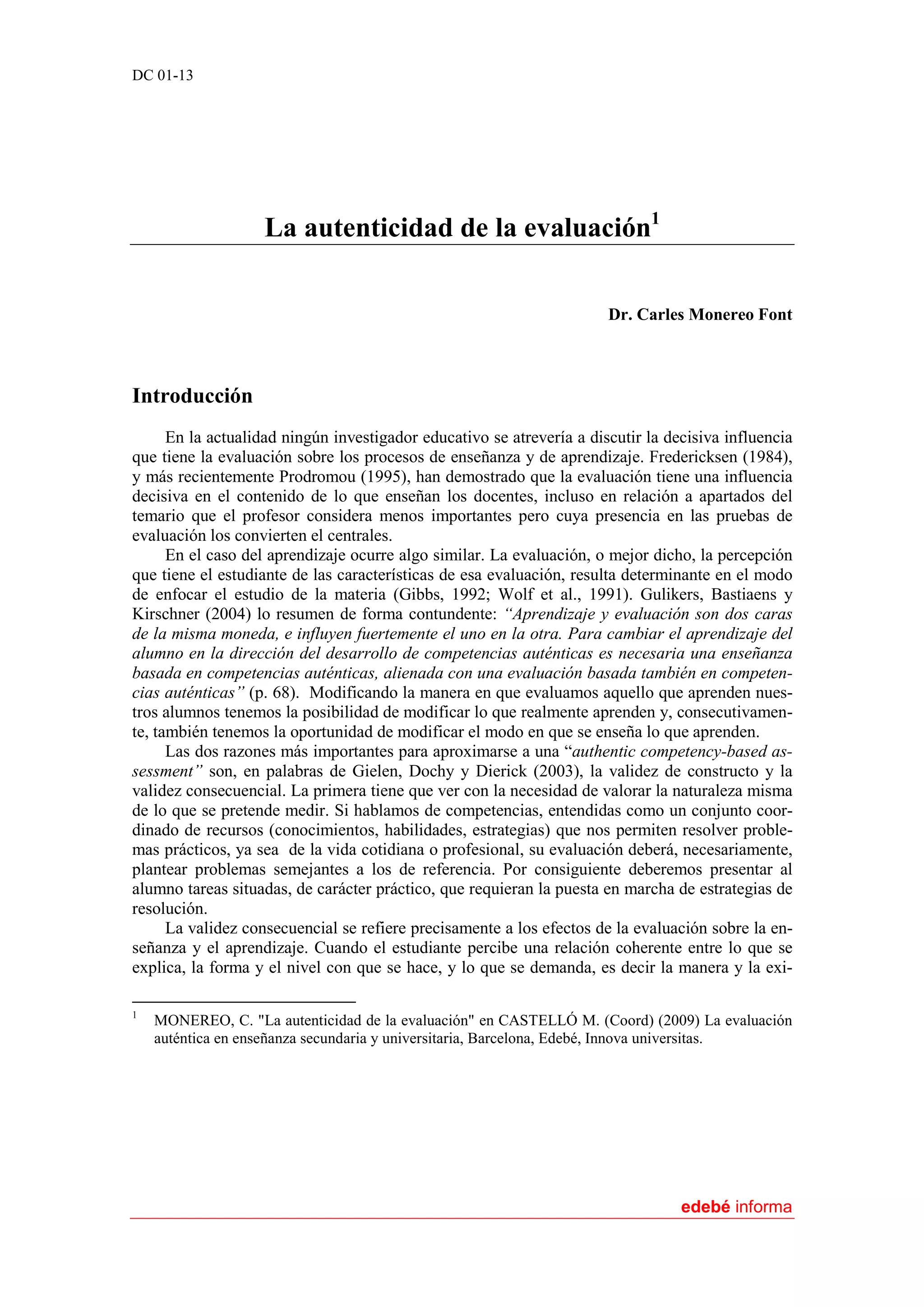 La autenticidad de la evaluación Dr. Carles Monereo Font | PDF