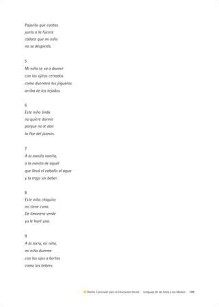 Pajarito que cantas
junto a la fuente
cállate que mi niño
no se despierte.


5
Mi niño se va a dormir
con los ojitos cerrados
como duermen los jilgueros
arriba de los tejados.


6
Este niño lindo
no quiere dormir
porque no le dan
la flor del jazmín.


7
A la nanita nanita,
a la nanita de aquél
que llevó el caballo al agua
y lo trajo sin beber.


8
Este niño chiquito
no tiene cuna.
De limonero verde
yo le haré una.


9
A la rorro, mi niño,
mi niño duerme
con los ojos a bertos
como las liebres.




                               Diseño Curricular para la Educación Inicial | Lenguaje de las Artes y los Medios | 189
 
