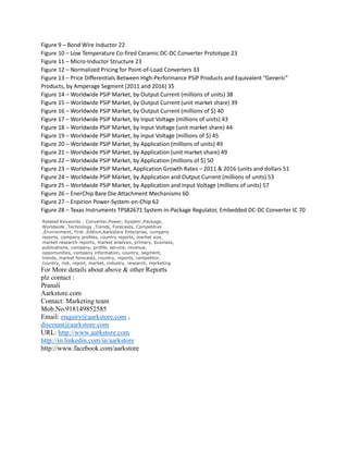 Figure 9 – Bond Wire Inductor 22
Figure 10 – Low Temperature Co-fired Ceramic DC-DC Converter Prototype 23
Figure 11 – Micro-Inductor Structure 23
Figure 12 – Normalized Pricing for Point-of-Load Converters 33
Figure 13 – Price Differentials Between High-Performance PSiP Products and Equivalent “Generic”
Products, by Amperage Segment (2011 and 2016) 35
Figure 14 – Worldwide PSiP Market, by Output Current (millions of units) 38
Figure 15 – Worldwide PSiP Market, by Output Current (unit market share) 39
Figure 16 – Worldwide PSiP Market, by Output Current (millions of $) 40
Figure 17 – Worldwide PSiP Market, by Input Voltage (millions of units) 43
Figure 18 – Worldwide PSiP Market, by Input Voltage (unit market share) 44
Figure 19 – Worldwide PSiP Market, by Input Voltage (millions of $) 45
Figure 20 – Worldwide PSiP Market, by Application (millions of units) 49
Figure 21 – Worldwide PSiP Market, by Application (unit market share) 49
Figure 22 – Worldwide PSiP Market, by Application (millions of $) 50
Figure 23 – Worldwide PSiP Market, Application Growth Rates – 2011 & 2016 (units and dollars 51
Figure 24 – Worldwide PSiP Market, by Application and Output Current (millions of units) 53
Figure 25 – Worldwide PSiP Market, by Application and Input Voltage (millions of units) 57
Figure 26 – EnerChip Bare Die Attachment Mechanisms 60
Figure 27 – Enpirion Power-System-on-Chip 62
Figure 28 – Texas Instruments TPS82671 System-in-Package Regulator, Embedded DC-DC Converter IC 70
Related Keywords : Converter,Power, System ,Package,
Worldwide ,Technology ,Trends, Forecasts, Competitive
,Environment, First ,Edition,Aarkstore Enterprise, company
reports, company profiles, country reports, market size,
market research reports, market analysis, primary, business,
publications, company, profile, service, revenue,
opportunities, company information, country, segment,
trends, market forecasts, country, reports, competitor,
country, risk, report, market, industry, research, marketing
For More details about above & other Reports
plz contact :
Pranali
Aarkstore.com
Contact: Marketing team
Mob.No.918149852585
Email: enquiry@aarkstore.com ,
discount@aarkstore.com
URL: http://www.aarkstore.com
http://in.linkedin.com/in/aarkstore
http://www.facebook.com/aarkstore
 