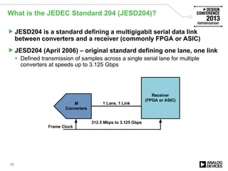 What is the JEDEC Standard 204 (JESD204)?
JESD204 is a standard defining a multigigabit serial data link
between converters and a receiver (commonly FPGA or ASIC)
JESD204 (April 2006) – original standard defining one lane, one link
 Defined transmission of samples across a single serial lane for multiple
converters at speeds up to 3.125 Gbps
10
 