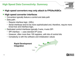 High Speed Data Connectivity: Summary
High speed converters may only attach to FPGAs/ASICs
High speed converter interfaces
 Converters typically feature a control and data path
 Data path:
 Require interface logic (HDL)
 Serial interfaces tend to be more sophisticated and, therefore, require more
know-how and interface logic.
 Dedicated control interfaces typically 3-wire, 4-wire SPI
 SPI interface → uses standard IP cores
 However, often more than 100 registers, with lots of control bits
 Complexity is with the software and initialization values
18
DOCS
HW
HELP
HDL
SW
Rapid Development
Integration
 