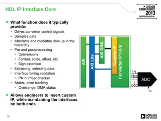 HDL IP Interface Core
 What function does it typically
provide:
 Drives converter control signals
 Samples data
 Abstracts and mediates data up in the
hierarchy
 Pre and postprocessing
 Conversions
 Format, scale, offset, etc.
 Sign extention
 Extracting, selecting data
 Interface timing validation
 PN number checker
 Status, error tracking
 Overrange, DMA status
 Allows engineers to insert custom
IP, while maintaining the interfaces
on both ends
30
ADC
N
Fdata
Fs
DCO
AXI
AXILite
AXIDMA
ConverterIPCore
CustomIP
 