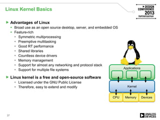 Linux Kernel Basics
 Advantages of Linux
 Broad use as an open source desktop, server, and embedded OS
 Feature-rich
 Symmetric multiprocessing
 Preemptive multitasking
 Good RT performance
 Shared libraries
 Countless device drivers
 Memory management
 Support for almost any networking and protocol stack
 Support for multiple file systems
 Linux kernel is a free and open-source software
 Licensed under the GNU Public License
 Therefore, easy to extend and modify
37
Memory Devices
Applications
CPU
Kernel
 