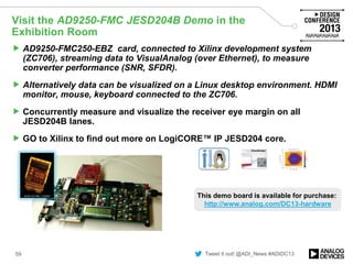 Tweet it out! @ADI_News #ADIDC13
Visit the AD9250-FMC JESD204B Demo in the
Exhibition Room
 AD9250-FMC250-EBZ card, connected to Xilinx development system
(ZC706), streaming data to VisualAnalog (over Ethernet), to measure
converter performance (SNR, SFDR).
 Alternatively data can be visualized on a Linux desktop environment. HDMI
monitor, mouse, keyboard connected to the ZC706.
 Concurrently measure and visualize the receiver eye margin on all
JESD204B lanes.
 GO to Xilinx to find out more on LogiCORE™ IP JESD204 core.
59
This demo board is available for purchase:
http://www.analog.com/DC13-hardware
 