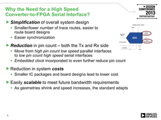Why the Need for a High Speed
Converter-to-FPGA Serial Interface?
Simplification of overall system design
 Smaller/lower number of trace routes, easier to
route board designs
 Easier synchronization
Reduction in pin count – both the Tx and Rx side
 Move from high pin count low speed parallel interfaces
to low pin count high speed serial interfaces
 Embedded clock incorporated to even further reduce pin count
Reduction in system costs
 Smaller IC packages and board designs lead to lower cost
Easily scalable to meet future bandwidth requirements
 As geometries shrink and speed increases, the standard adapts
8
 