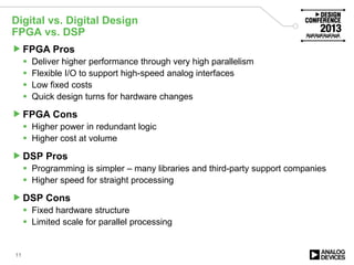 Digital vs. Digital Design
FPGA vs. DSP
FPGA Pros
 Deliver higher performance through very high parallelism
 Flexible I/O to support high-speed analog interfaces
 Low fixed costs
 Quick design turns for hardware changes
FPGA Cons
 Higher power in redundant logic
 Higher cost at volume
DSP Pros
 Programming is simpler – many libraries and third-party support companies
 Higher speed for straight processing
DSP Cons
 Fixed hardware structure
 Limited scale for parallel processing
11
 