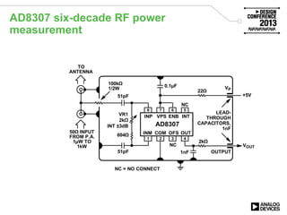 AD8307 six-decade RF power
measurement
TO
ANTENNA
VP
604Ω
100kΩ
1/2W
NC
2kΩ
VR1
2kΩ
INT ±3dB
51pF
51pF
0.1µF
NC
OUTPUT
LEAD-
THROUGH
CAPACITORS,
1nF
1nF
NC = NO CONNECT
+5V
VOUT
AD8307
INP VPS ENB INT
INM COM OFS OUT
8 7 6 5
2 3 41
50Ω INPUT
FROM P.A.
1µW TO
1kW
22Ω
 