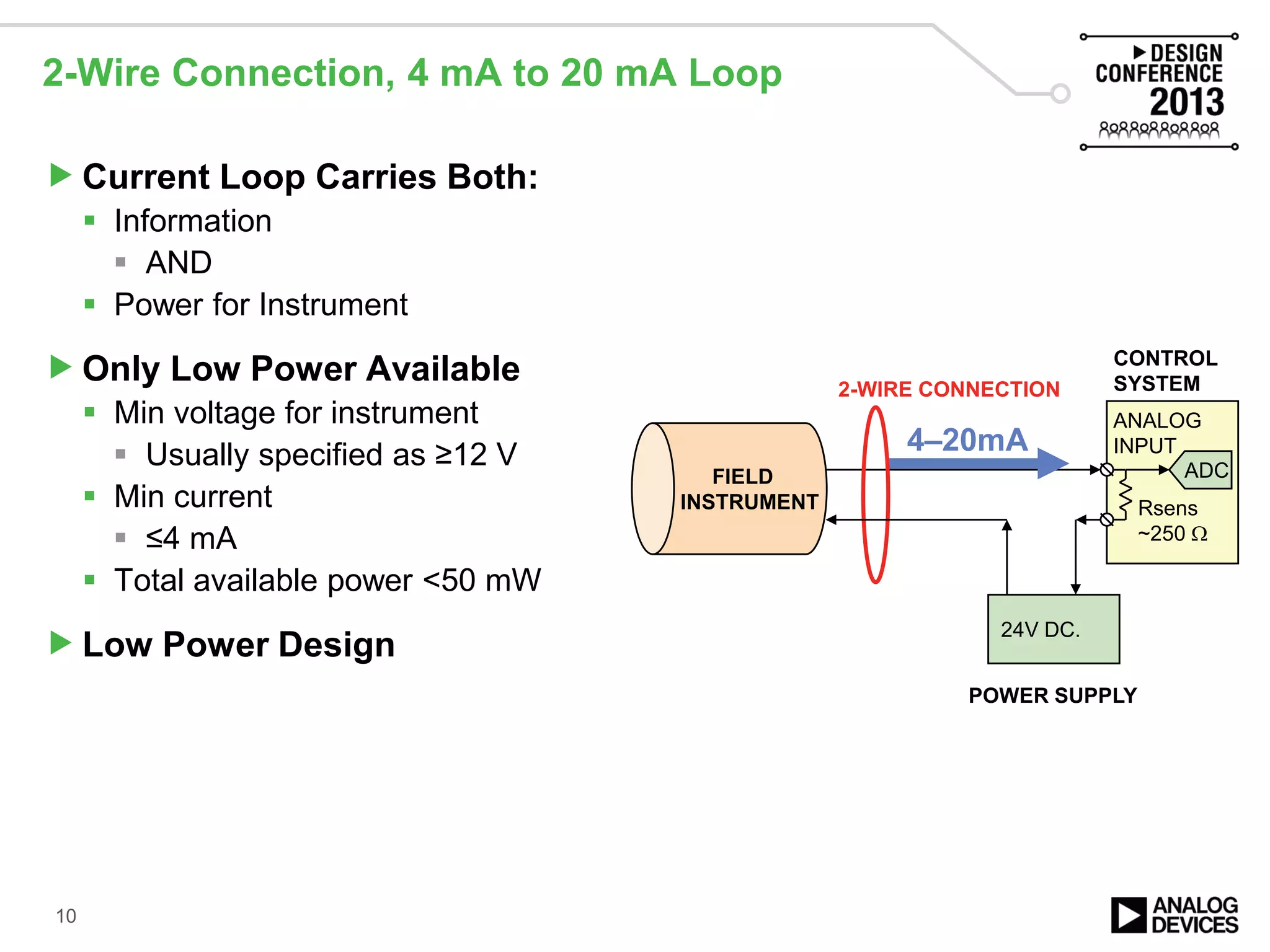 2-Wire Connection, 4 mA to 20 mA Loop
Current Loop Carries Both:
 Information
 AND
 Power for Instrument
Only Low Power Available
 Min voltage for instrument
 Usually specified as ≥12 V
 Min current
 ≤4 mA
 Total available power <50 mW
Low Power Design
10
ADC
Rsens
~250 Ω
4–20mA
ANALOG
INPUT
CONTROL
SYSTEM
FIELD
INSTRUMENT
24V DC.
POWER SUPPLY
2-WIRE CONNECTION
 
