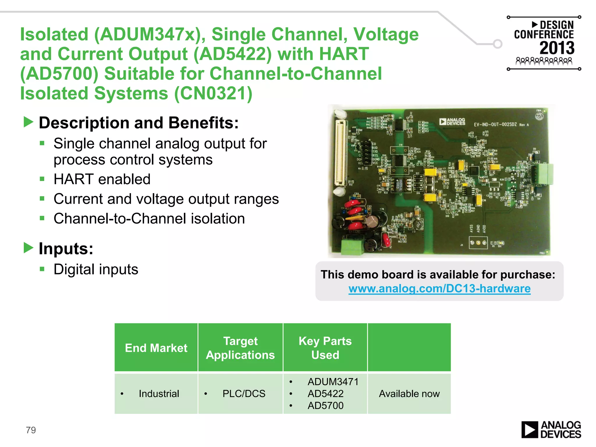 Isolated (ADUM347x), Single Channel, Voltage
and Current Output (AD5422) with HART
(AD5700) Suitable for Channel-to-Channel
Isolated Systems (CN0321)
Description and Benefits:
 Single channel analog output for
process control systems
 HART enabled
 Current and voltage output ranges
 Channel-to-Channel isolation
Inputs:
 Digital inputs
End Market
Target
Applications
Key Parts
Used
• Industrial • PLC/DCS
• ADUM3471
• AD5422
• AD5700
Available now
79
This demo board is available for purchase:
www.analog.com/DC13-hardware
 