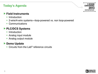 Today’s Agenda
Field Instruments
 Introduction
 2-wire/4-wire systems—loop-powered vs. non loop-powered
 Communications
PLC/DCS Systems
 Introduction
 Analog input module
 Analog output module
Demo Update
 Circuits from the Lab® reference circuits
3
 