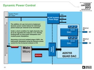 Dynamic Power Control
DAC
Main
Micro
BUS
System Power -
24 V Nom
L
Signal
Isolation
DC-DC Isolated
Power Stage
15V
3.3V
ADP2441
-15V
5V
ADUM2485
Watchdog
Supervisor
20mA at
0ΩDC-DC
C L
DAC
L
20mA at
0ΩDC-DC
C L
AD5755
QUAD DAC
The addition of a per dc-to-dc to implement
dynamic power control allows for individual
power losses per channel to be minimized.
Under a short condition for eight channels, the
dc-to-dc regulates the output to 7.5 V, thereby
limiting both on-chip power dissipation and
module power dissipation.
Assuming a dc-to-dc isolated stage of 80%, the
total power dissipated using the dynamic power
control for the 8-channel module is 3 W.
60
 